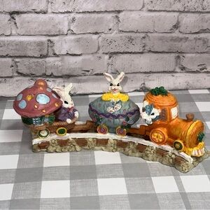 Vintage Easter Rabbit Figurine Train Carrot Egg Mushroom Train 8.5" X 3"